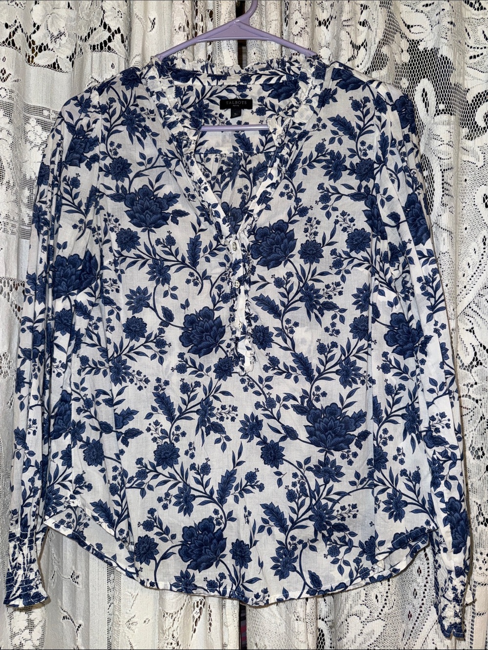 Talbots Navy and White Floral V-Neck Tunic Blouse